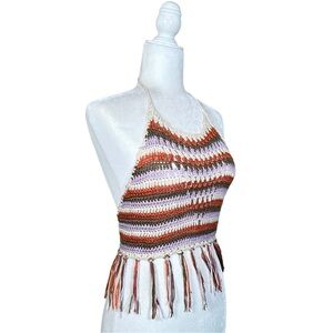 Fringed Crochet Knit Festival Boho Halter Crop Top